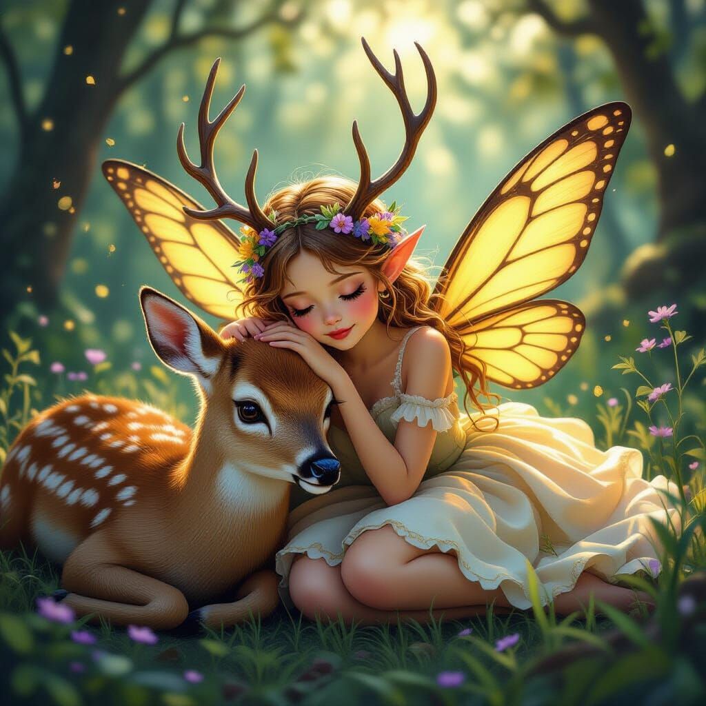 Cute Deer Fairy and Deer in Alcohol Ink Style