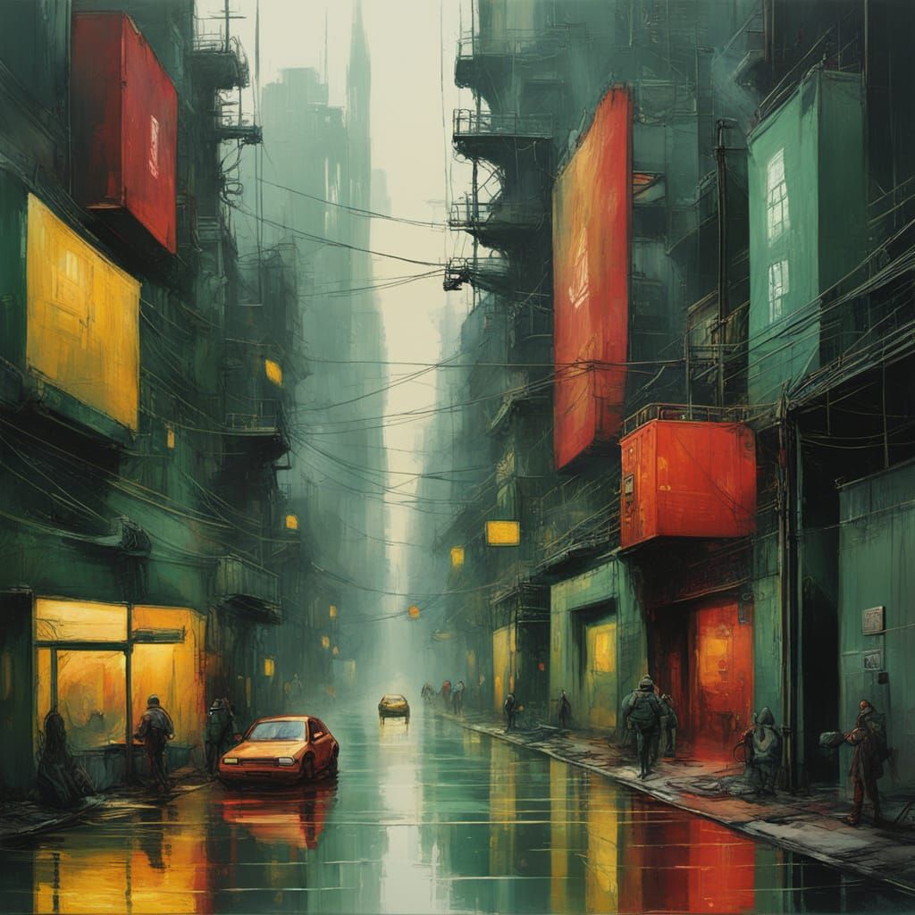 Surreal Cyberpunk Painting with Golden Glow and Wet Wash