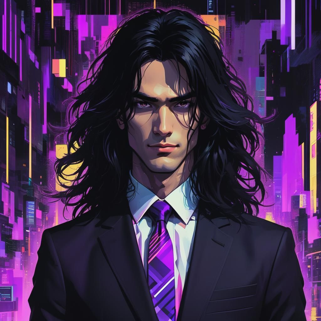 Glitch Art Portrait of Man in Black Suit