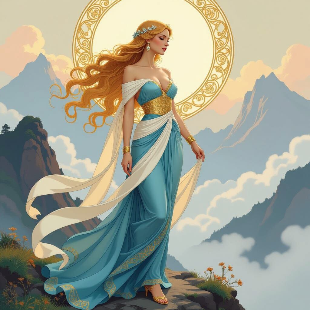 Goddess on Misty Mountain in Art Nouveau Style