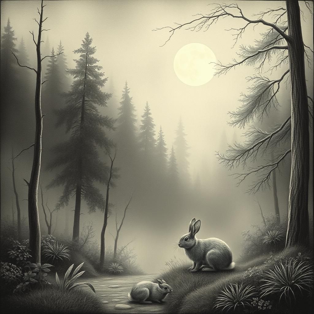 Rabbit in Moonlit Forest: Copperplate Engraving