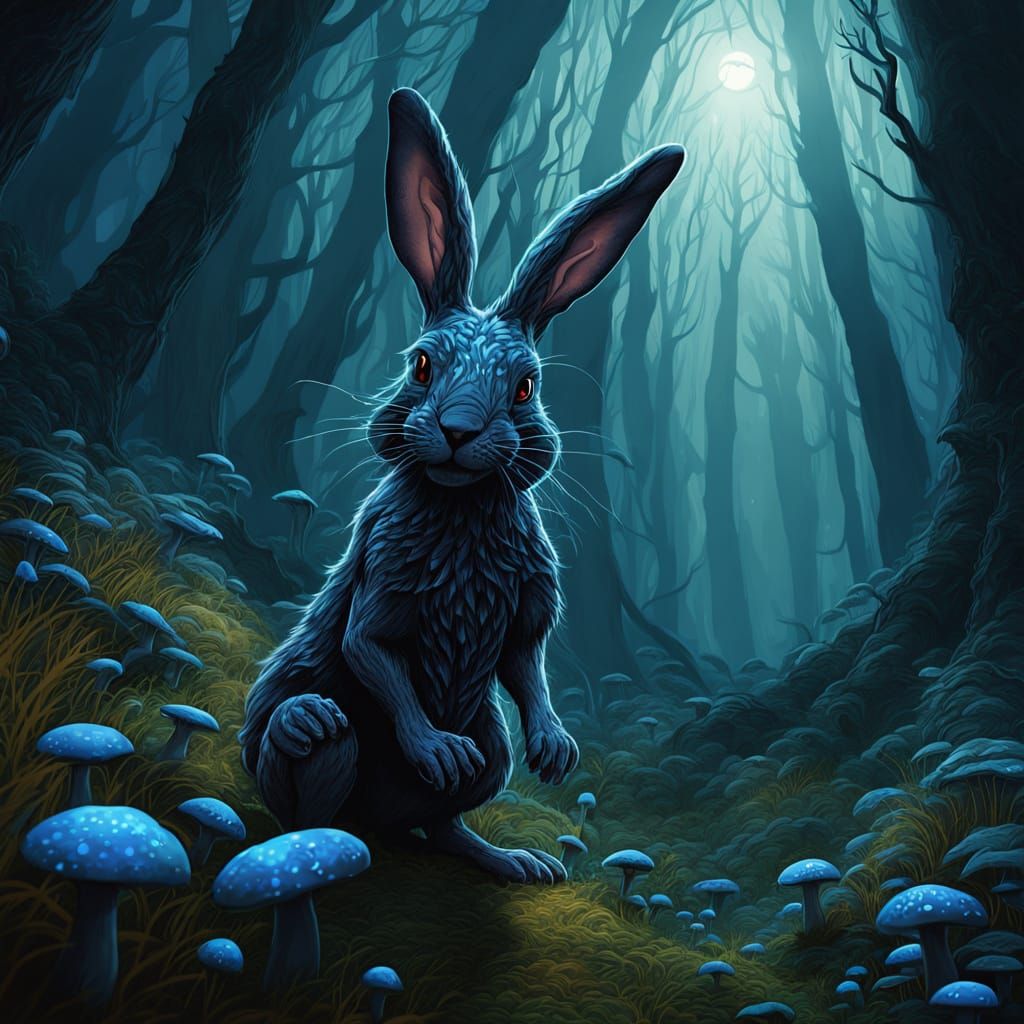 Spectral Bunny in Bioluminescent Forest, Dark Fantasy Art