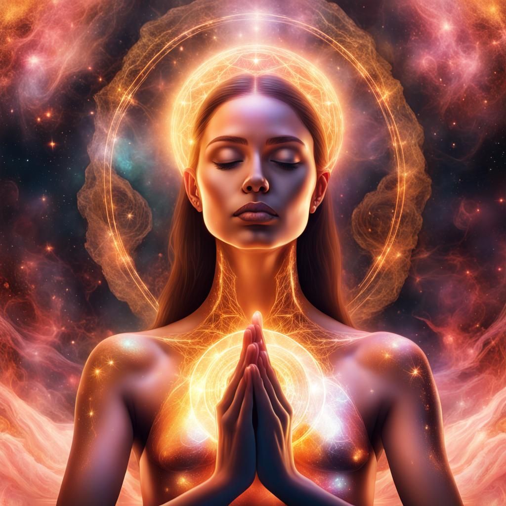 Woman in Golden Aura Meditating with Golden Rose