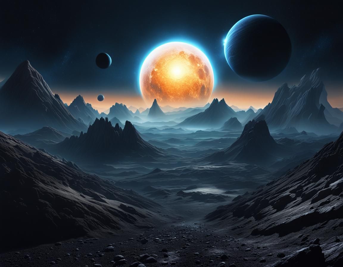 Ominous Dark Planet with Mountains and Luminous Eye