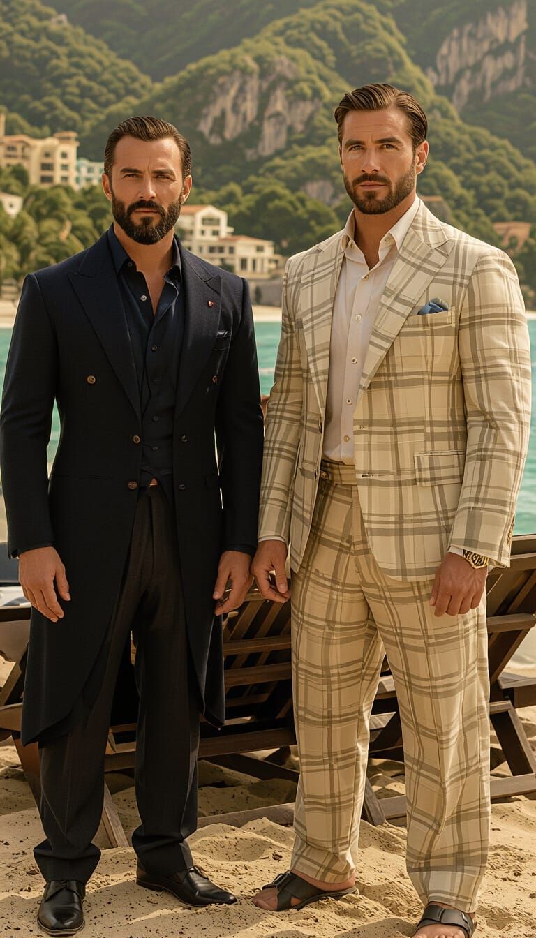Muscular Man in Swan Coat on Tropical Beach