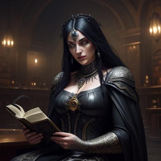 Mystical Gothic Woman Reads Comic in Library
