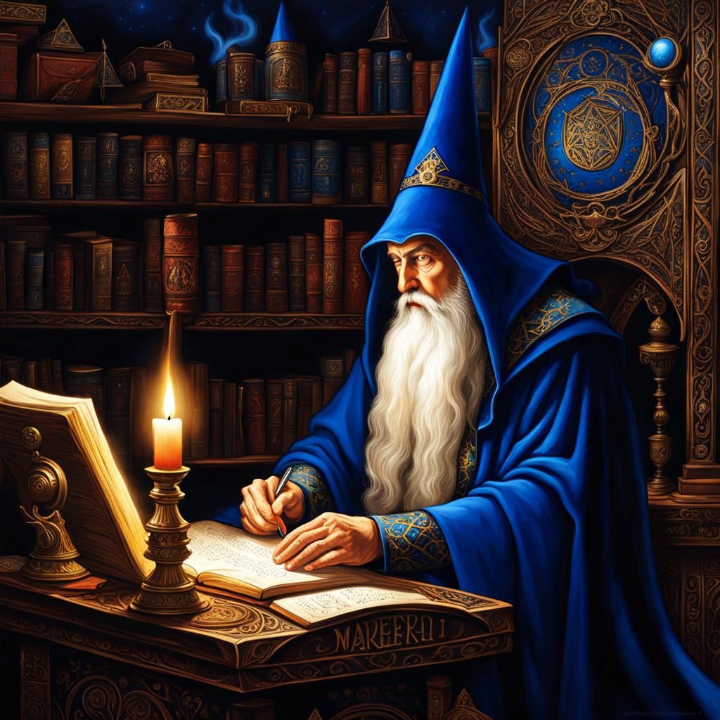 Wizard Using Computer in Candlelit Room