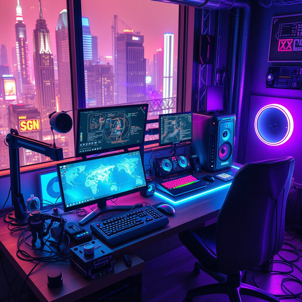 Cyberpunk Battlestation with Holographic Displays and Neon L...