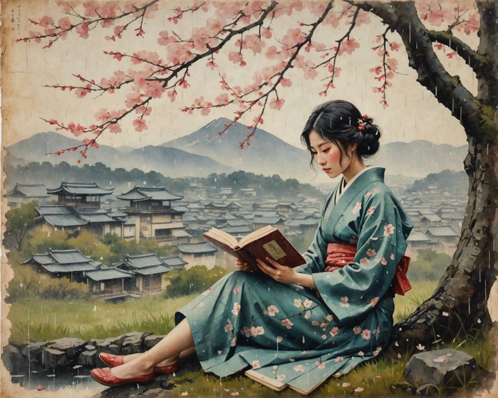 Japanese Girl Reading Under Cherry Blossoms: Vintage Paintin...