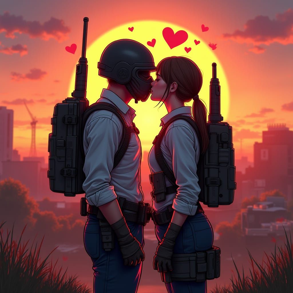 Romantic Kiss in PUBG Gear: Digital Painting Style