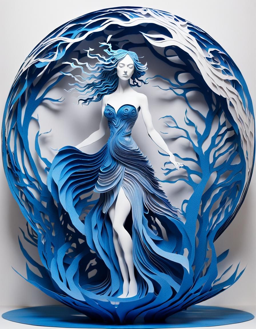 Kirigami Woman on Paper Planet in 3D Render