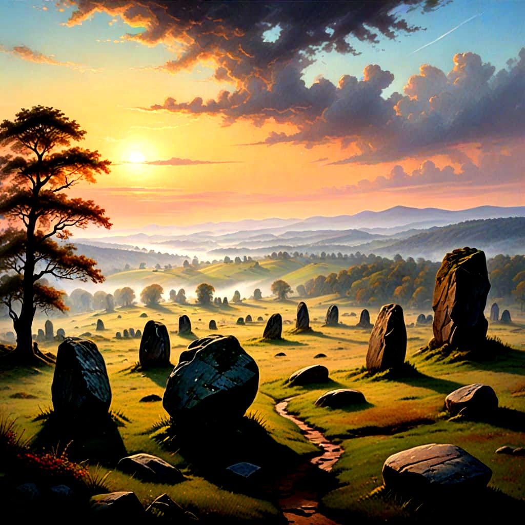 Serene Landscape of Rolling Hills with Ancient Standing Ston...
