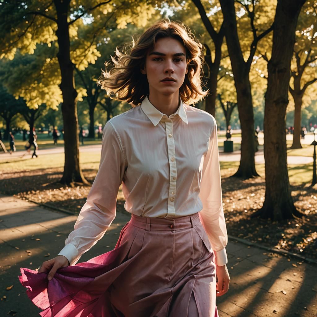 Boy Crossdressing in Park with Wind, Cinematic Style