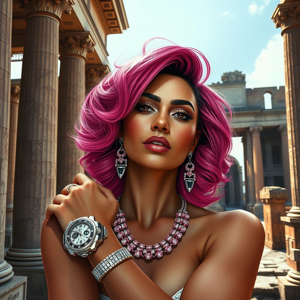 Glamorous Woman Poses in Ancient Rome, Hyperrealistic Style