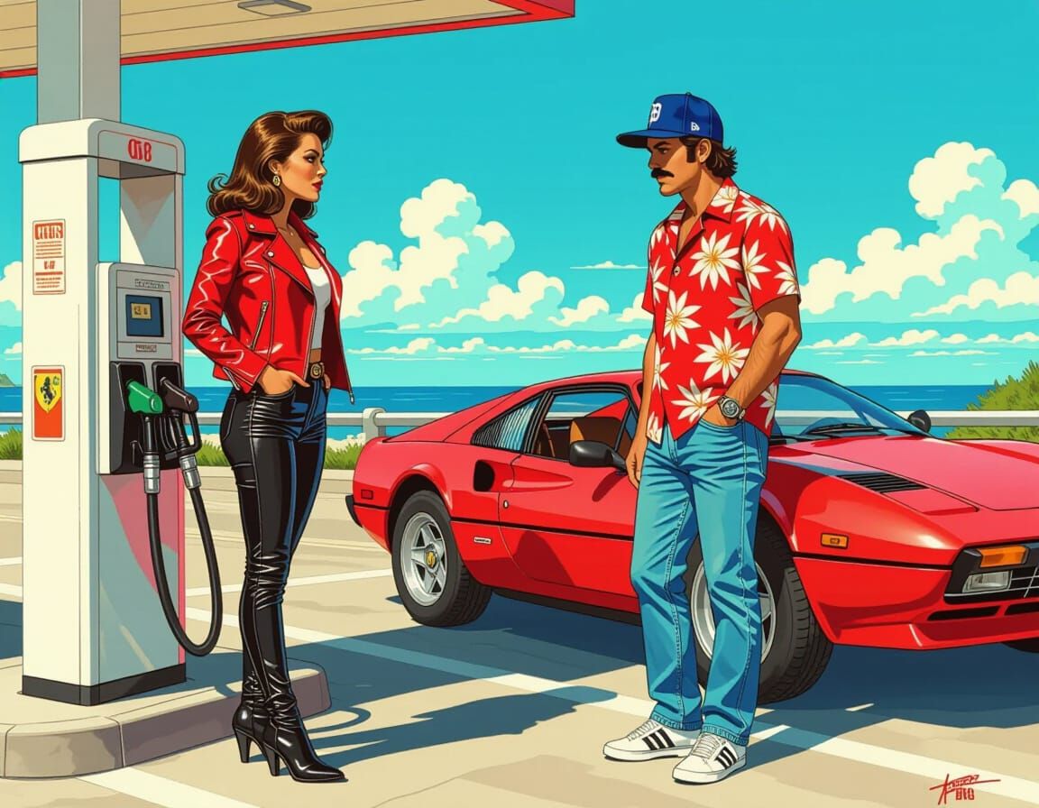 Woman at Gas Station in Vibrant Comic Art Style