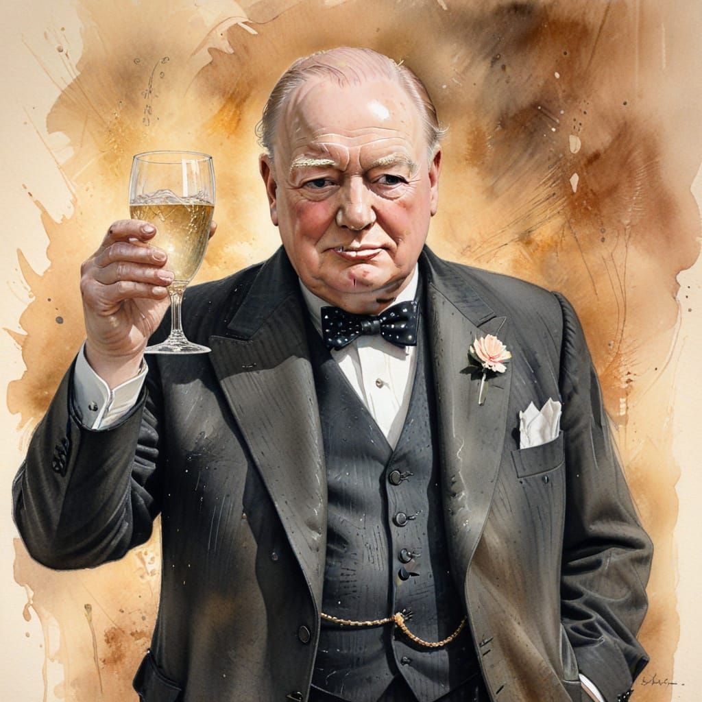 Winston Churchill Portrait in Watercolour with Pencil Lines