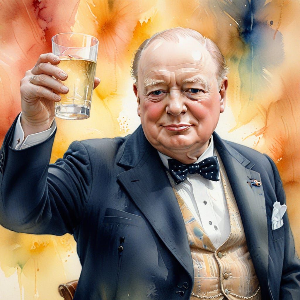 Winston Churchill Watercolour Portrait with Golden Light