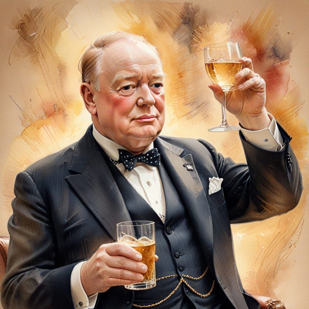 Winston Churchill Watercolour Portrait with Golden Light