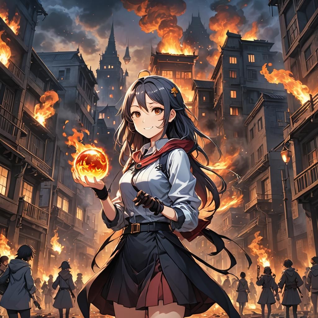 Anime Villainess with Fireball in Burning City