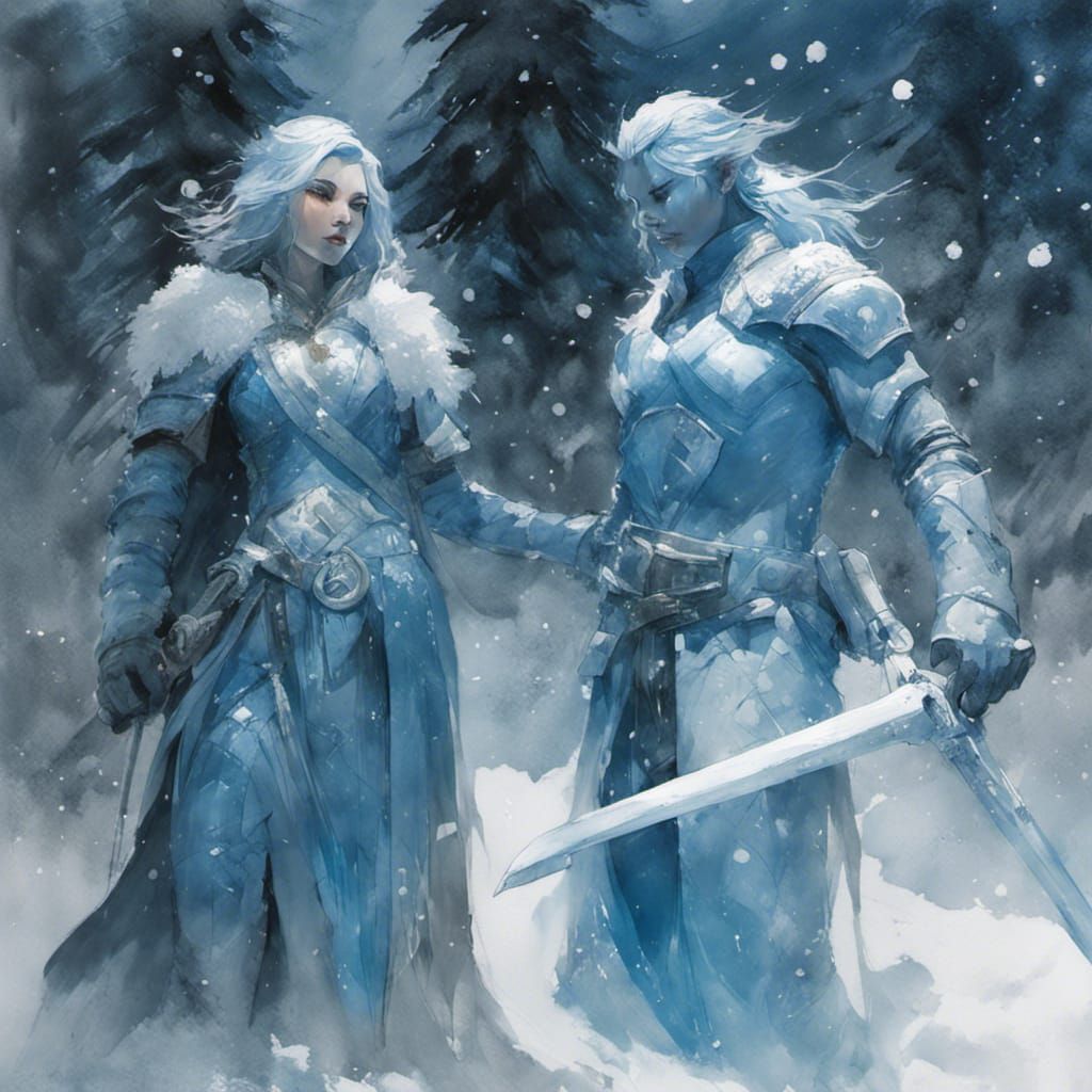 Frost Giants in Snowy Landscape, Watercolor Style