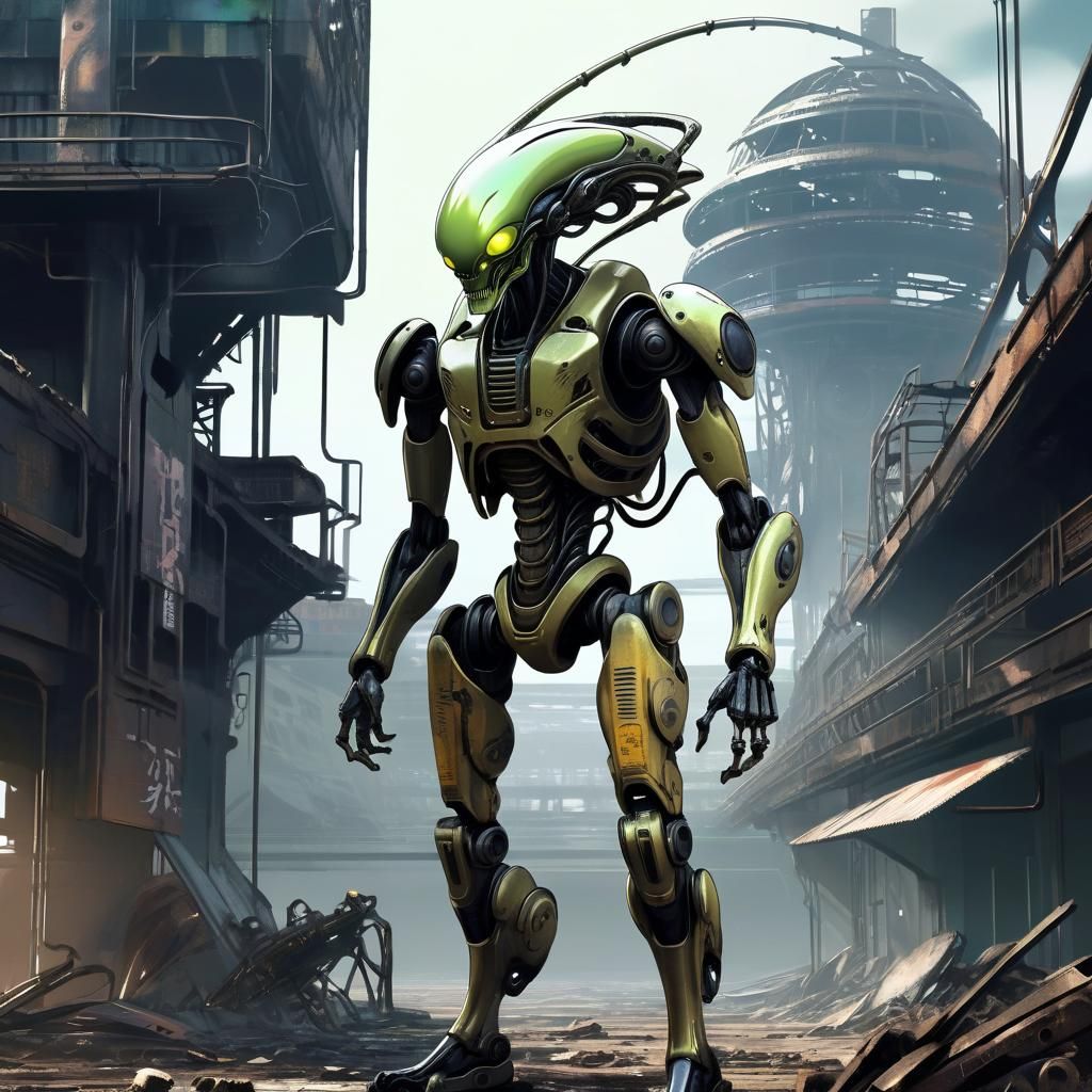 Anime Alien Cyborg in Ruined Sci-Fi Landscape