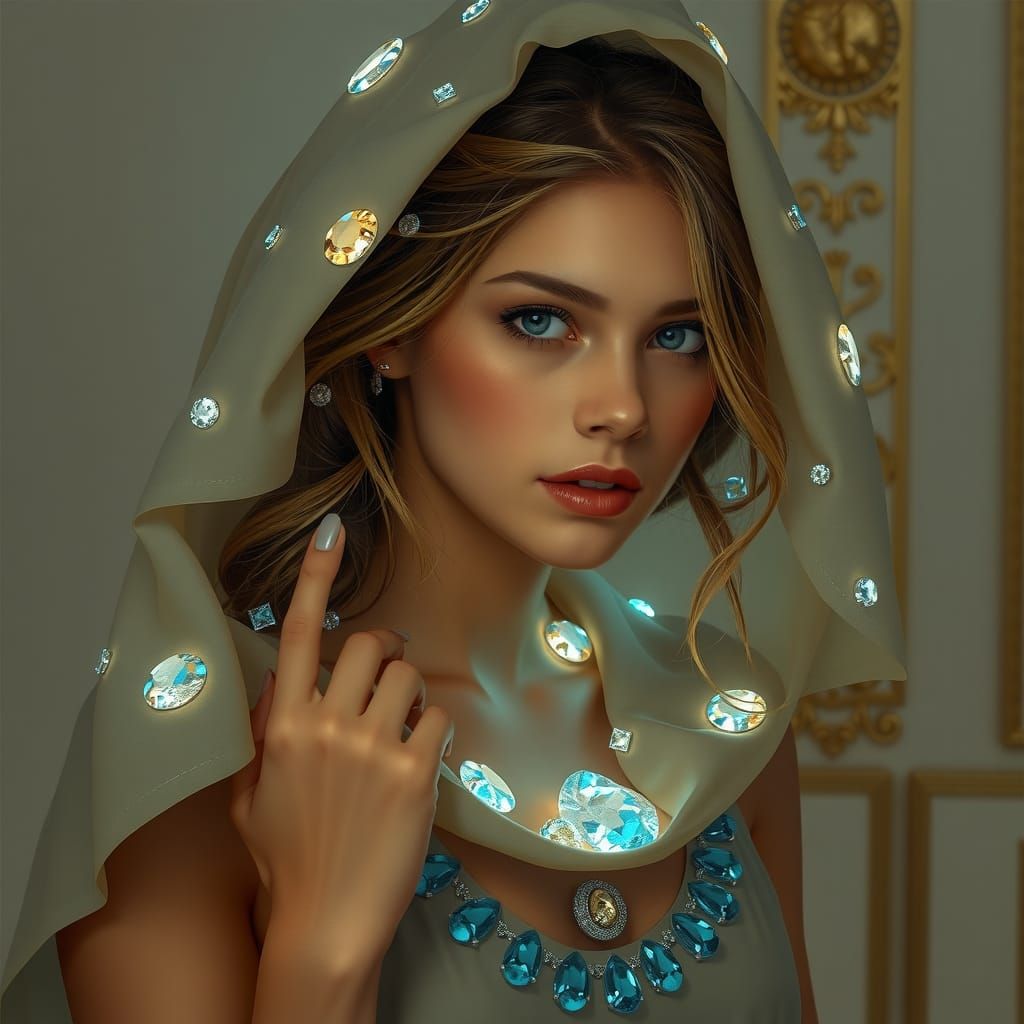 Jeweled Woman Portrait in Pre-Raphaelite Style