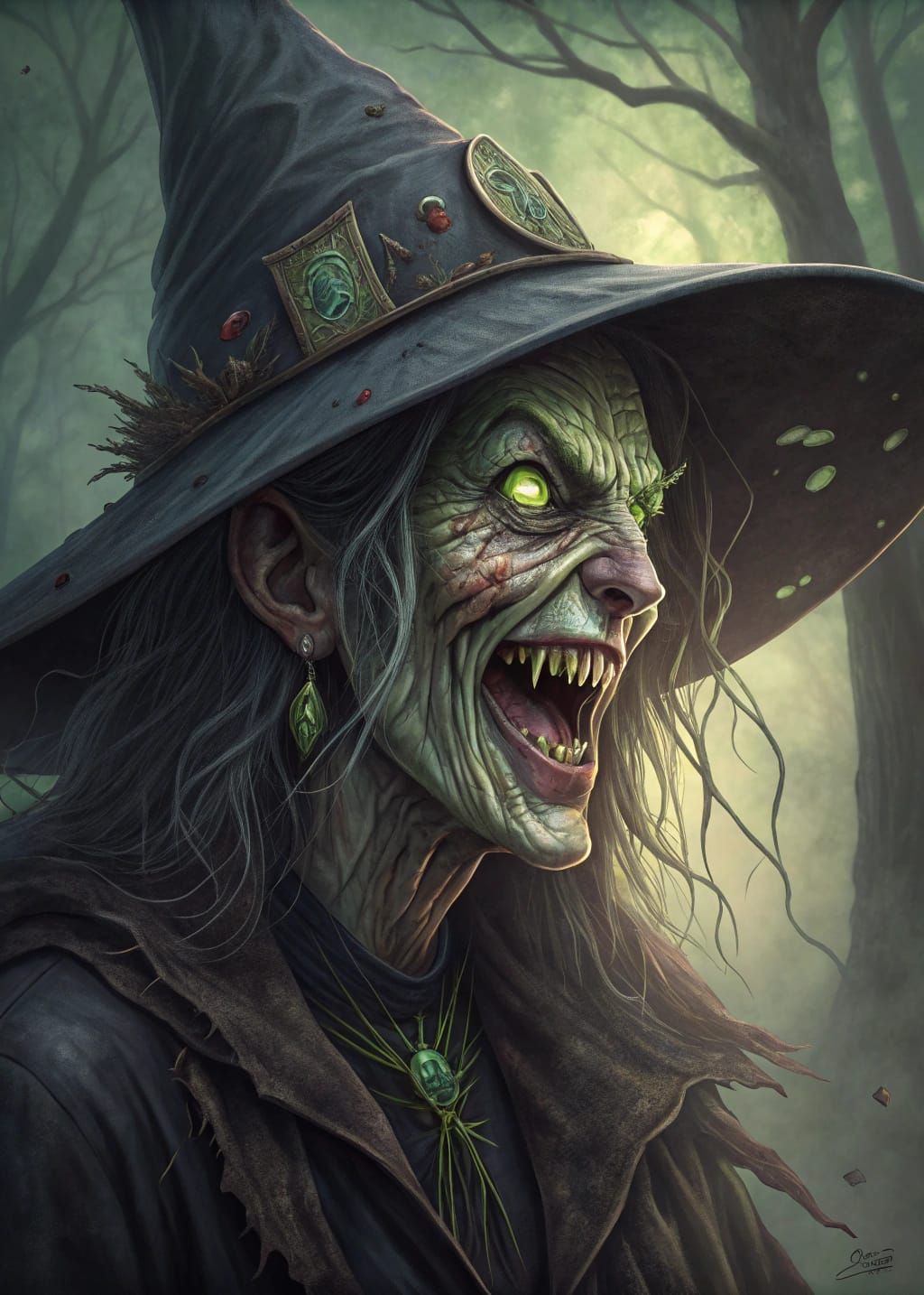 Grotesque Swamp Witch in Oil Painting Style