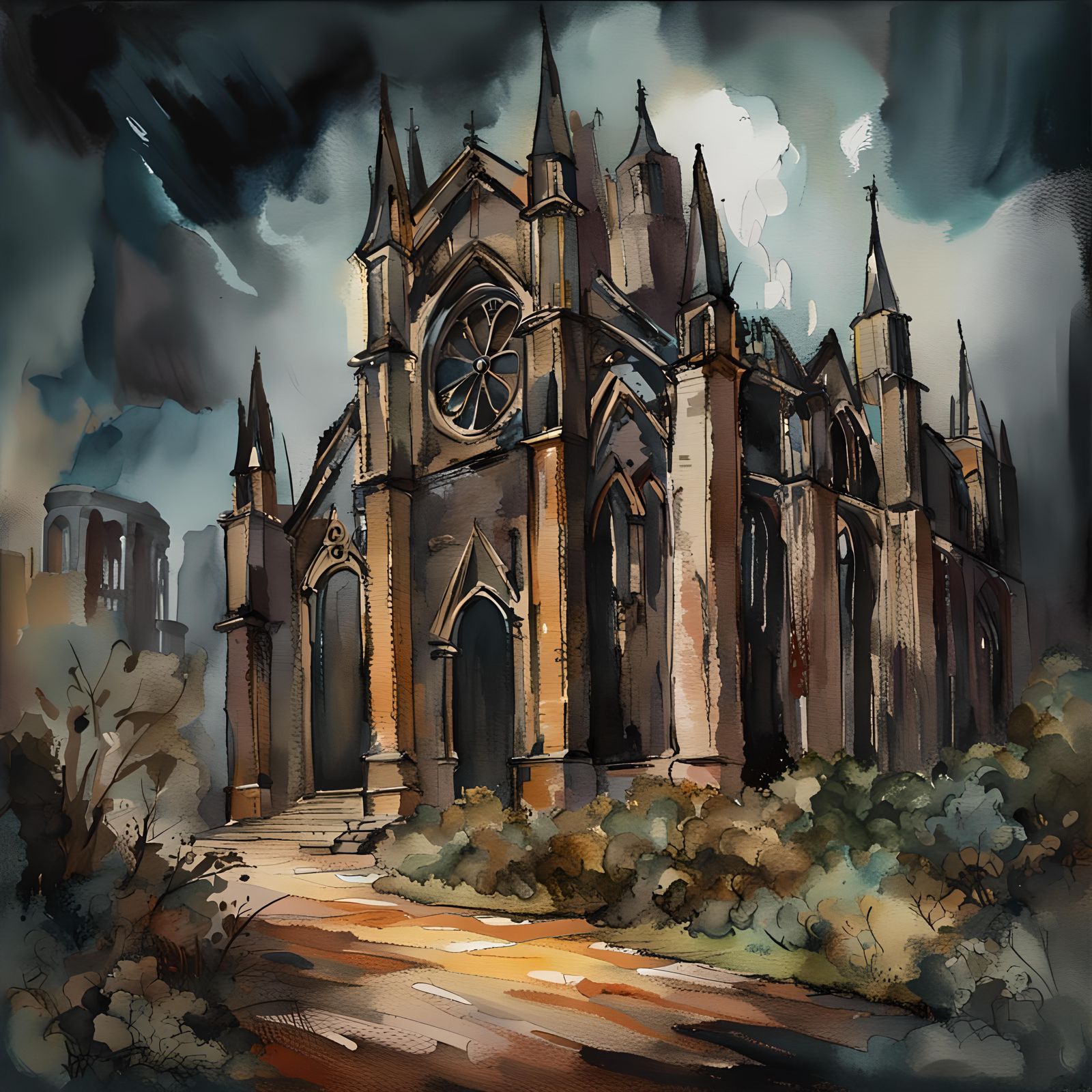 Ruined Cathedral in Moody Watercolor Gouache Style