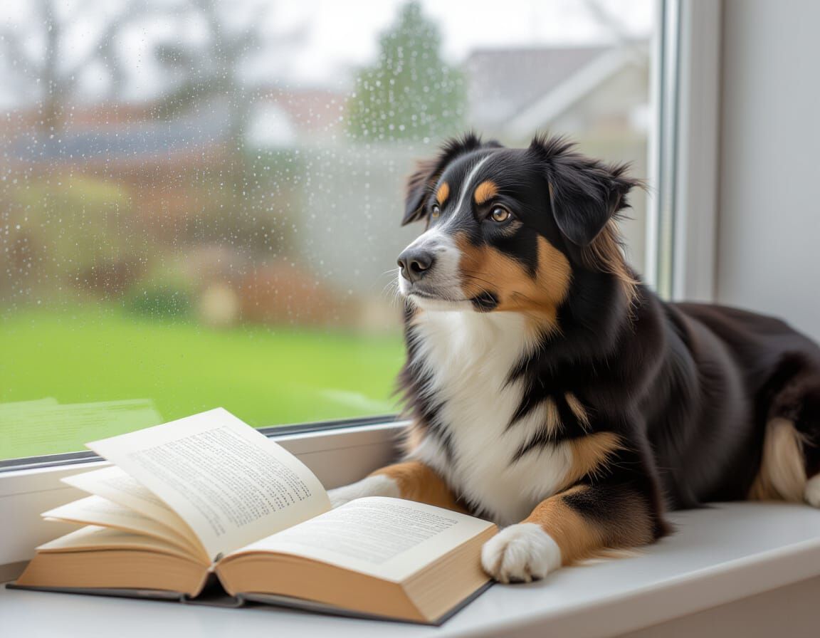 Dog Gazing at Books Through Rainy Window