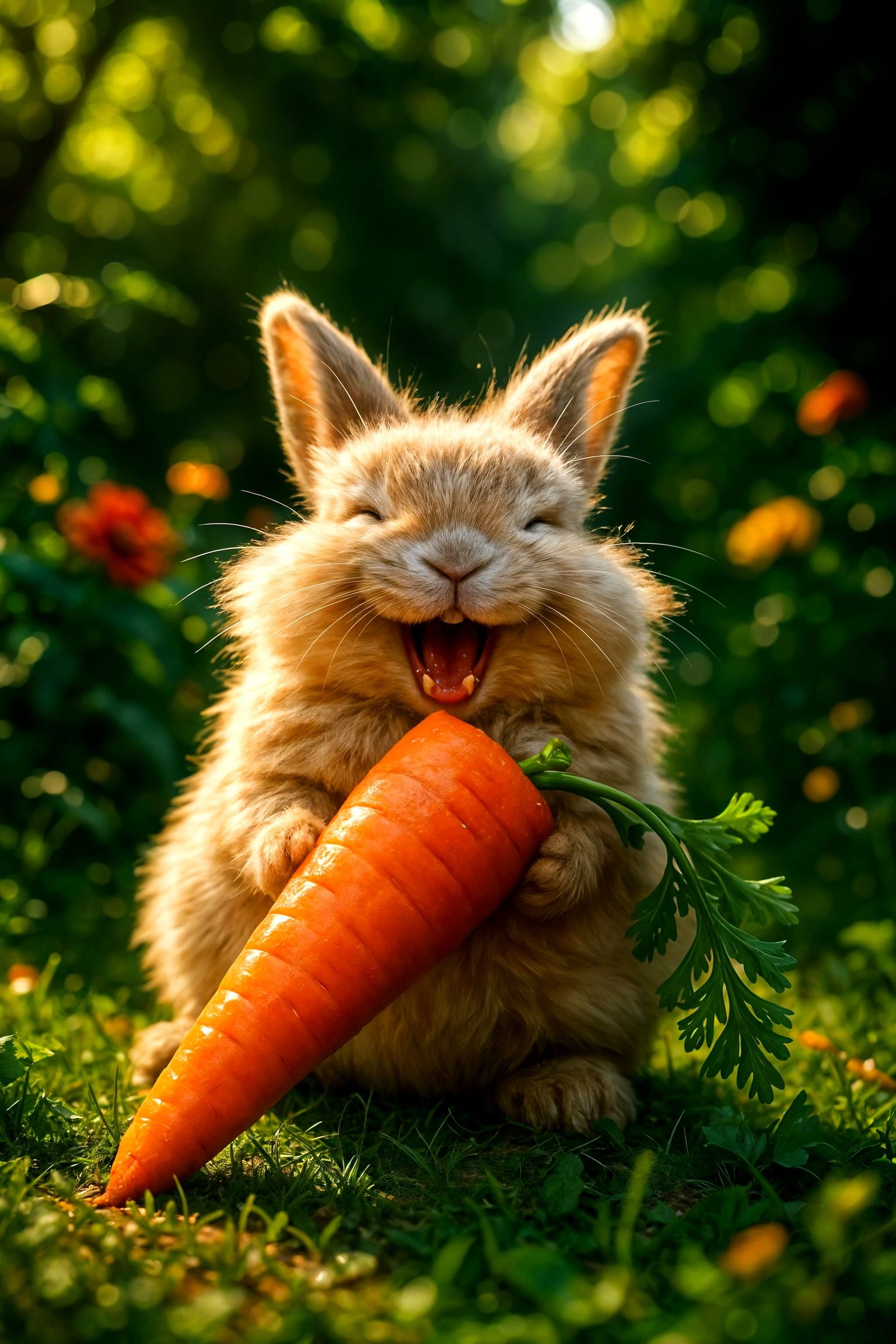 Fluffy Bunny's Joyful Feast in Sunny Garden