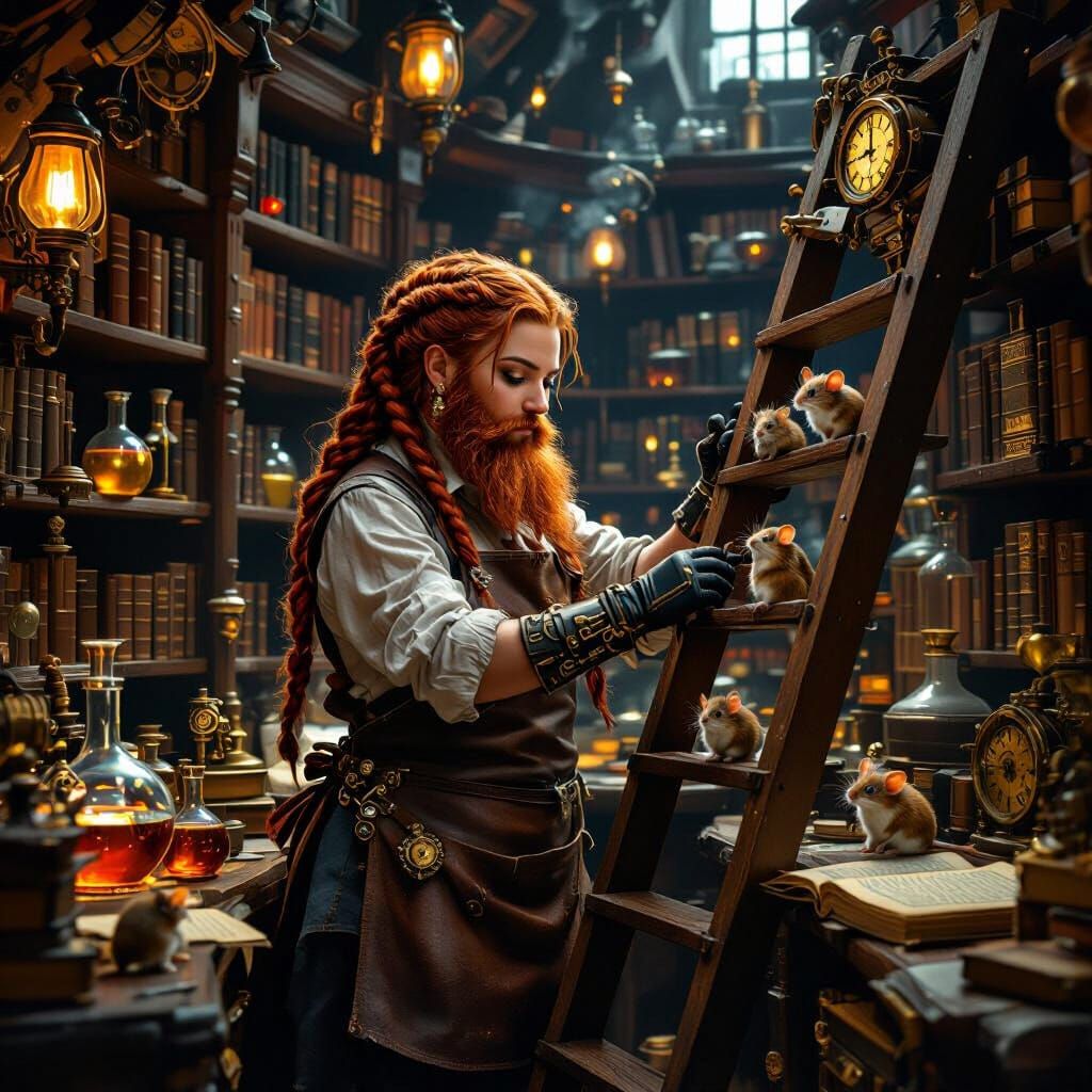 Steampunk Dwarf Technician in Victorian Library Lab