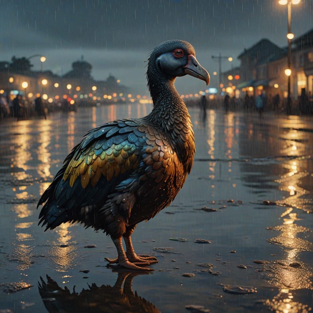 Dodo on Misty Beach with Prismatic Reflections as Oil Painti...
