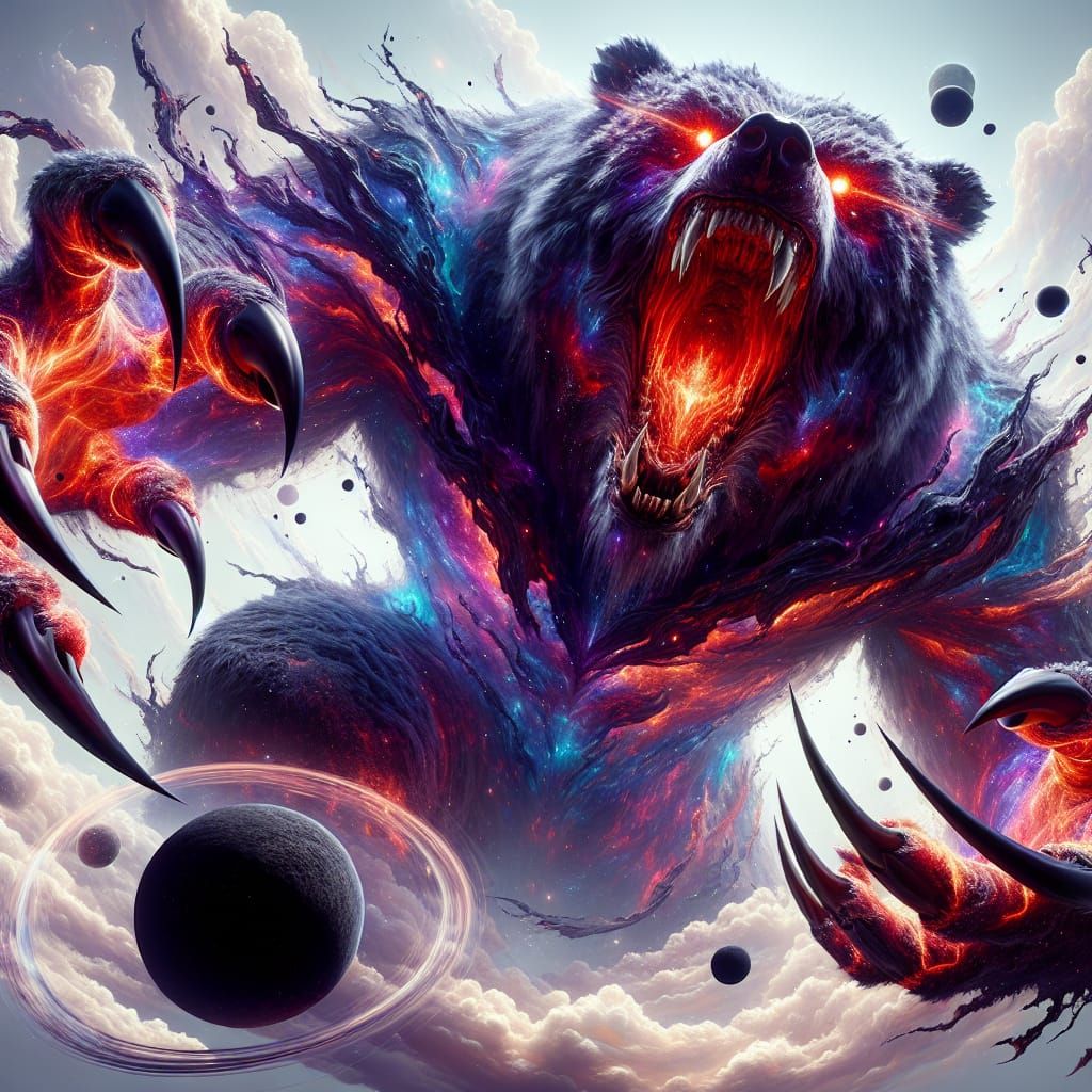 Colossal Werebear Crushes Black Hole: 8k Matte Painting