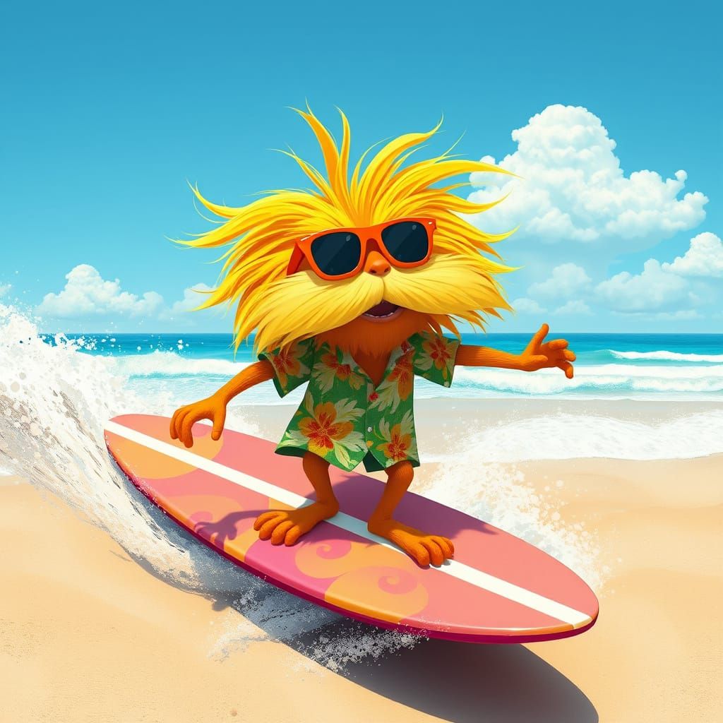 Lorax Surfing in a Whimsical Animated Style
