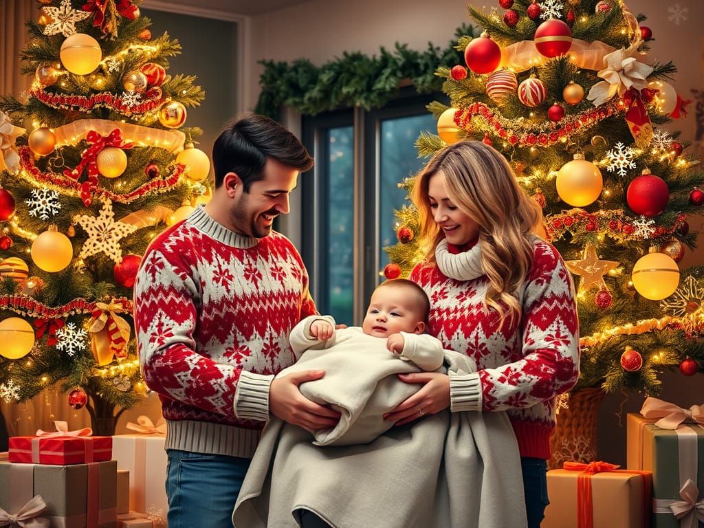 Warm Couple Celebrates Baby's First Christmas by Festive Tre...
