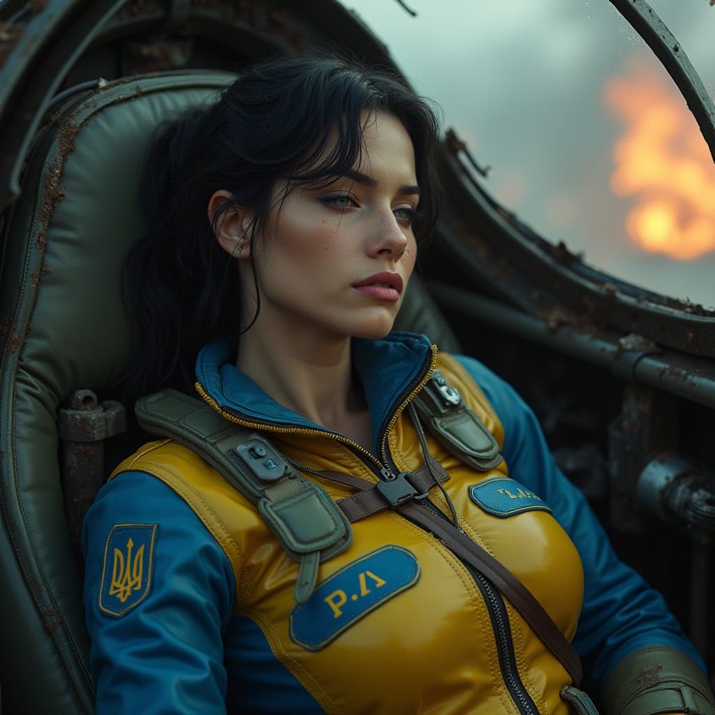 Ukrainian Pilot in Ruined Cockpit: Gritty Realism