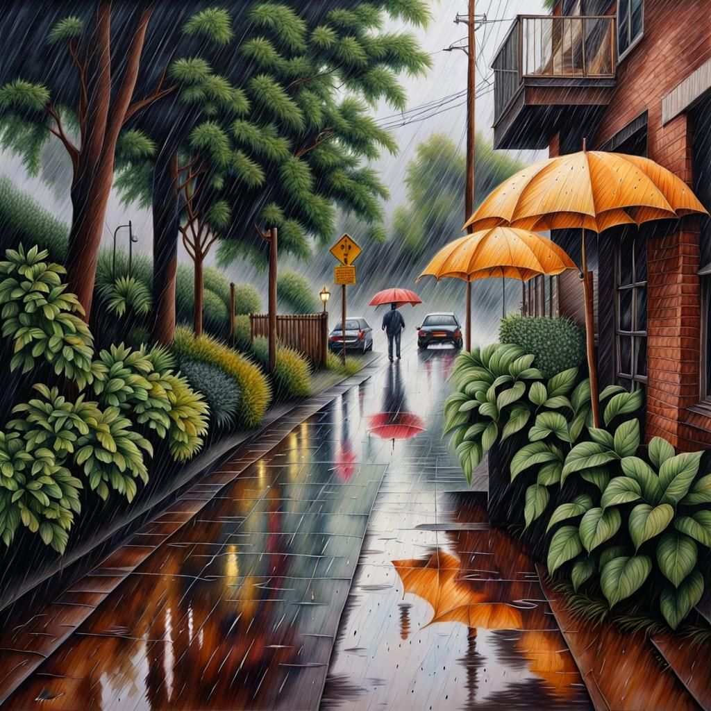 Rainfall: Detailed Pencil Art of a Rainy Day