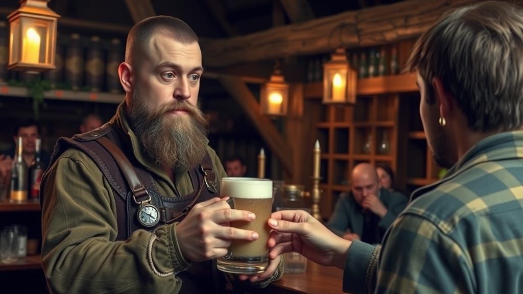 Medieval Bartender Serving Ale in Dark Fantasy Style
