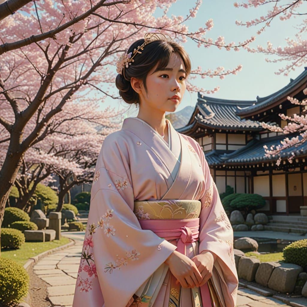 Elegant Japanese Princess in Whimsical Cherry Blossom Garden