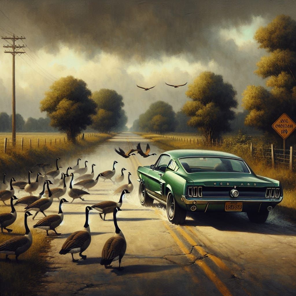 Vintage Mustang Swerving for Geese in Ominous Landscape