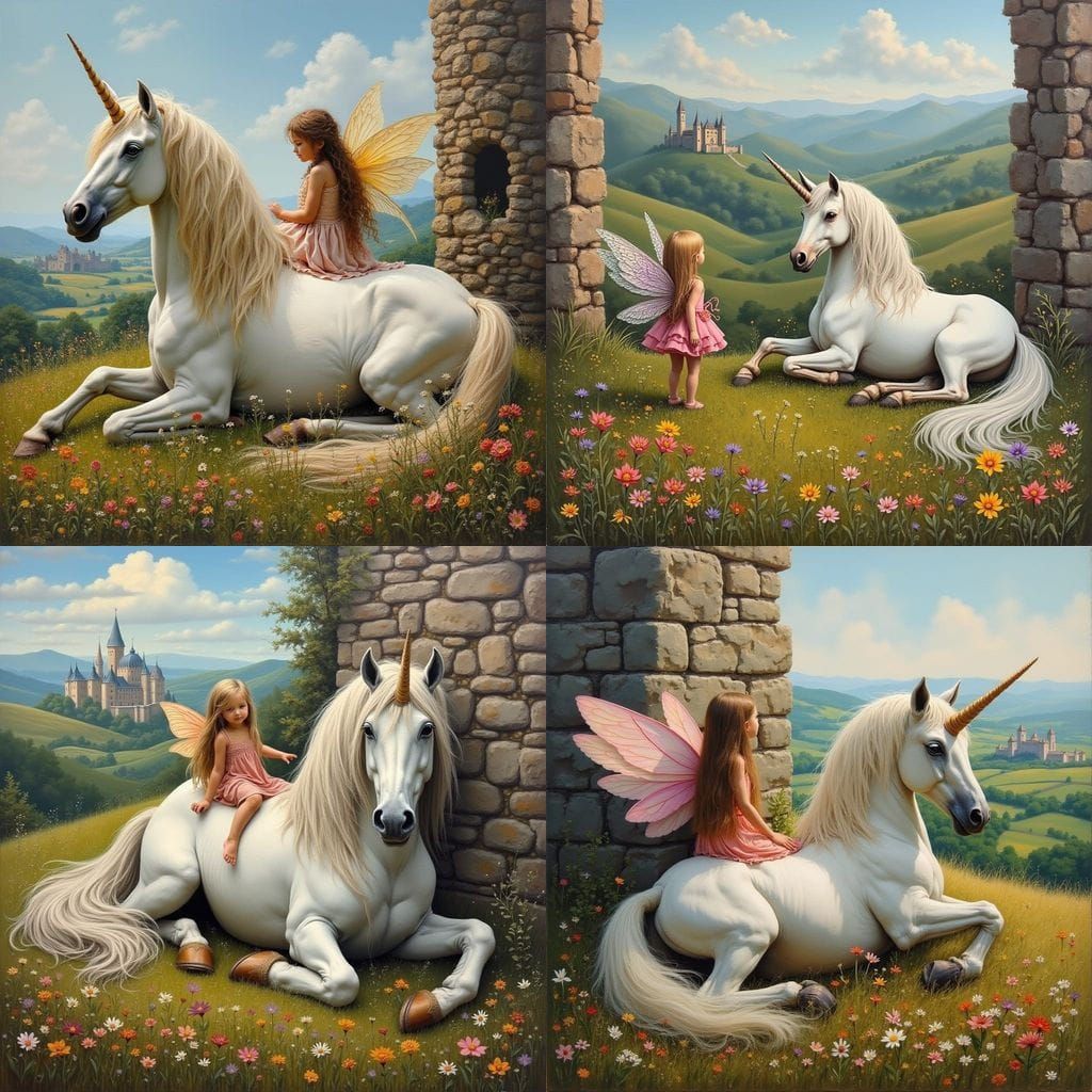 Whimsical Oil Painting of Fairy and Unicorn in a Dreamy Land...