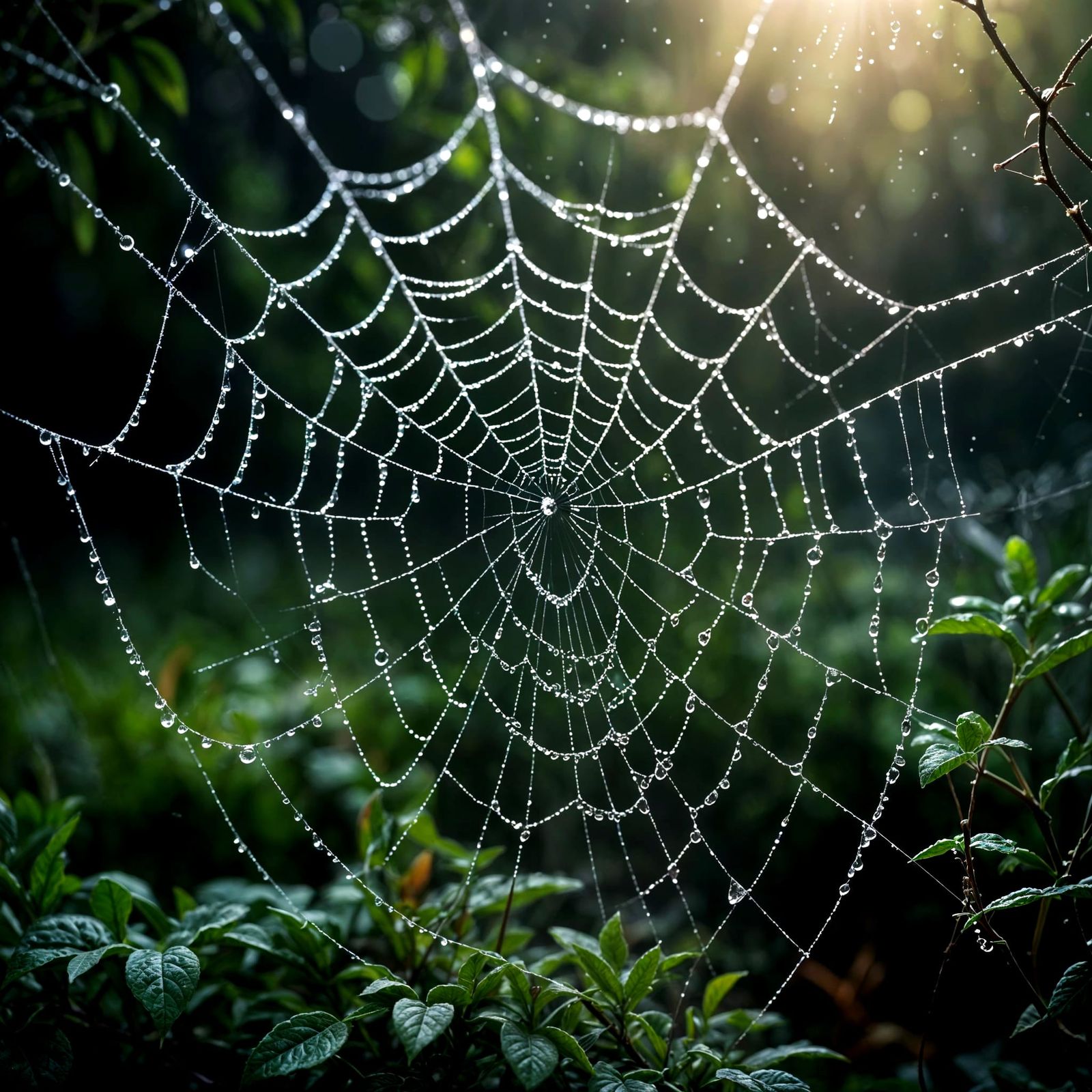 Macro Spider Web With Dewdrops in Morning Light