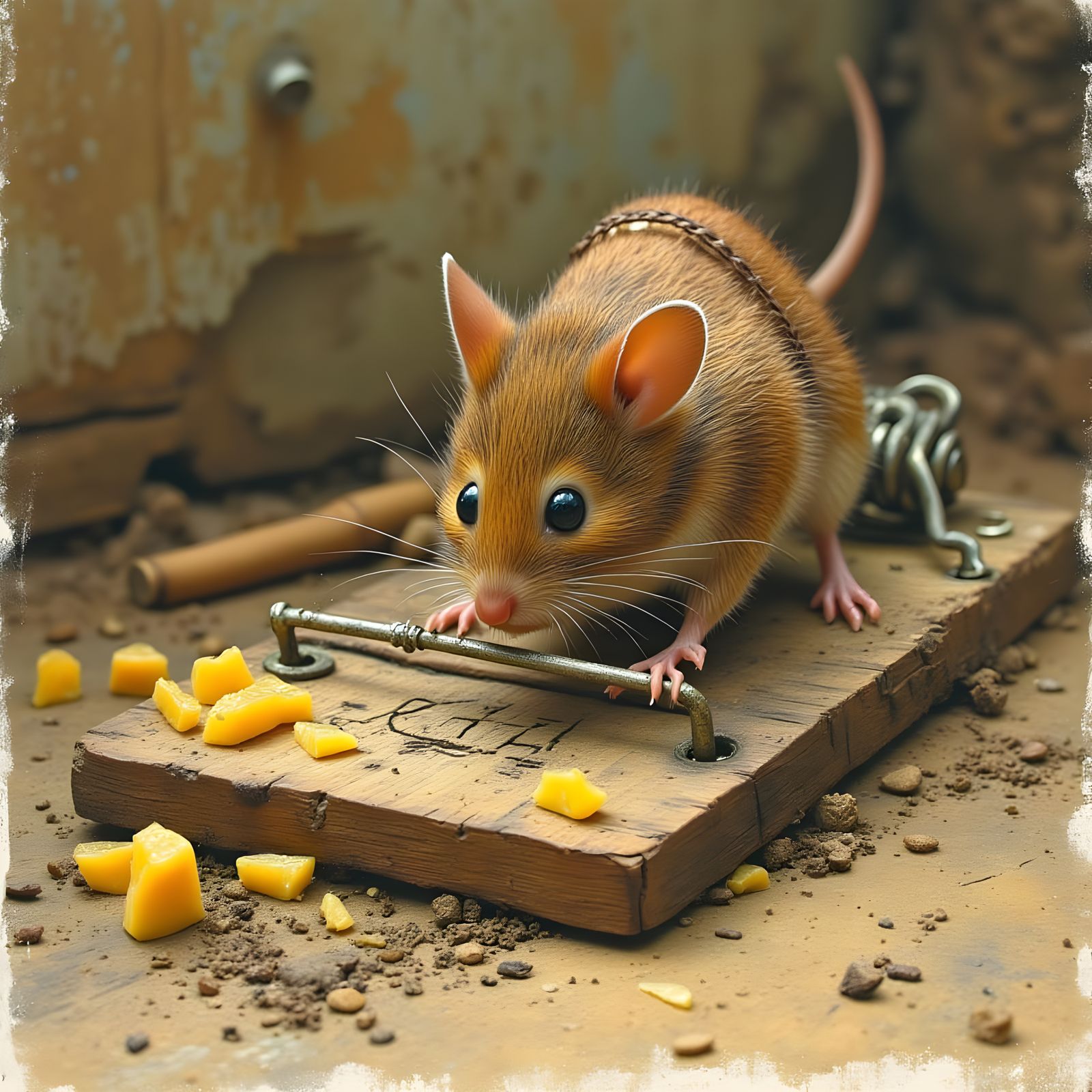 Mouse Escapes Spring Mousetrap with Cheese Bait
