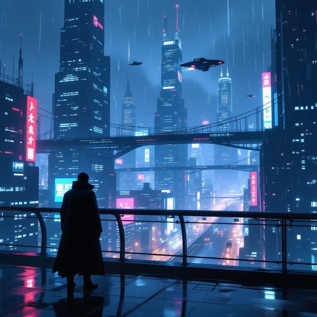 Cyberpunk Cityscape at Night with Flying Vehicles