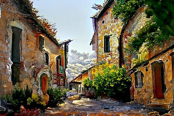 Italian Village in Impressionist Oil Painting
