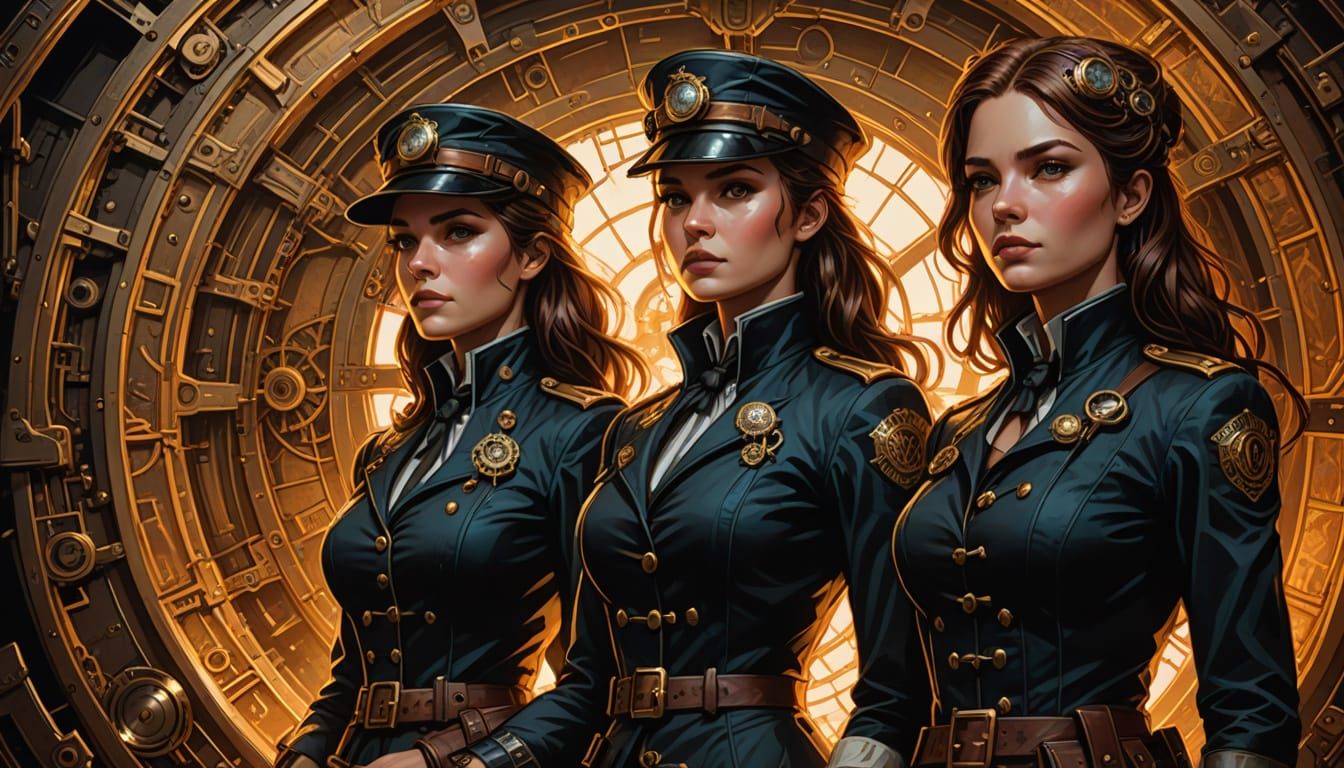 Steampunk Women in Time Machine, Comic Book Art