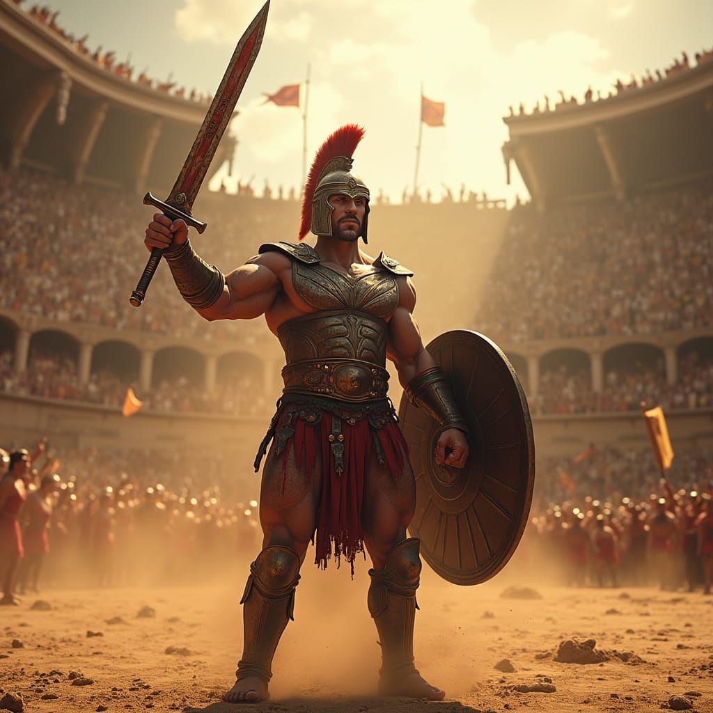 Gladiator's Triumph in Ancient Arena: Detailed Matte Paintin...