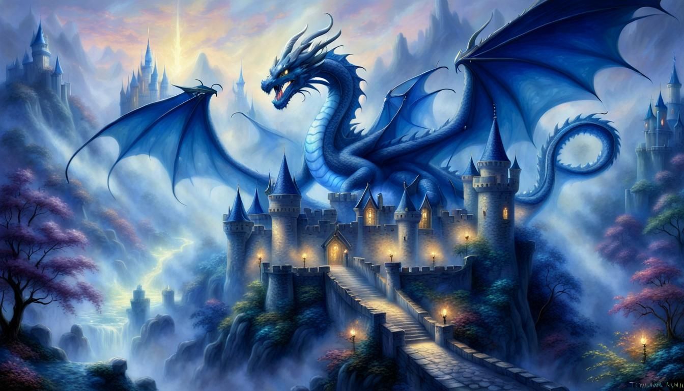 Sapphire Dragon and Castle in Ethereal Light