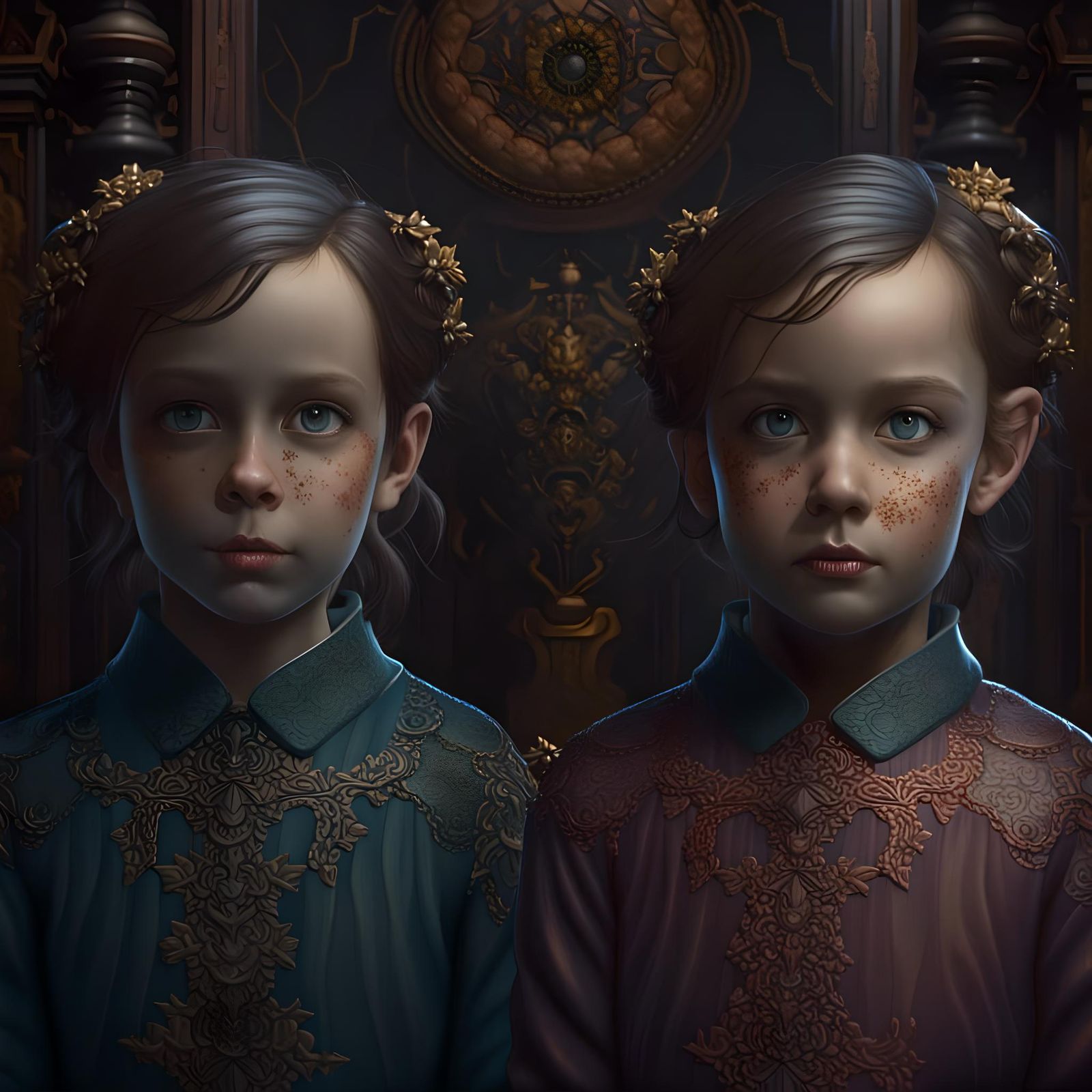 Hyperrealistic Twins in Hallway, Fantasy Concept Art