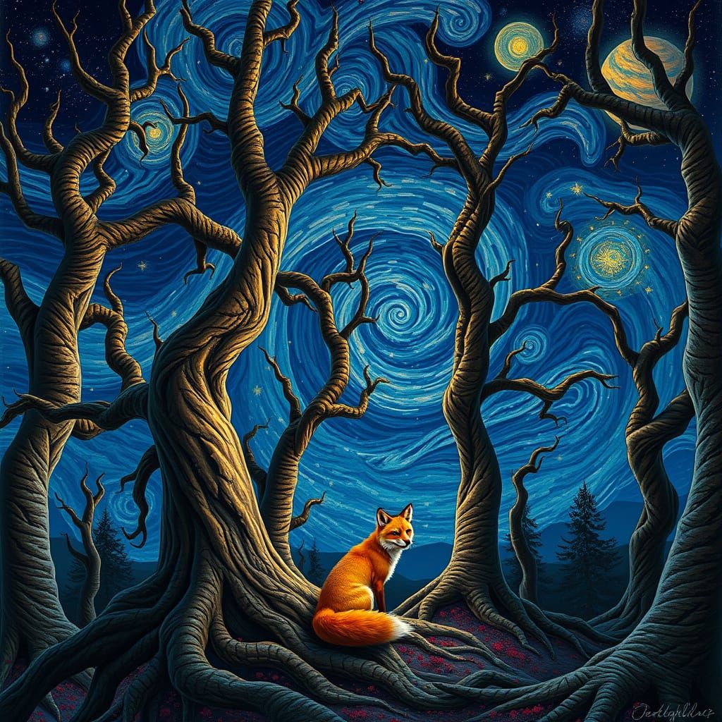 Surreal Night Forest with Twisted Trees and Vibrant Orange F...